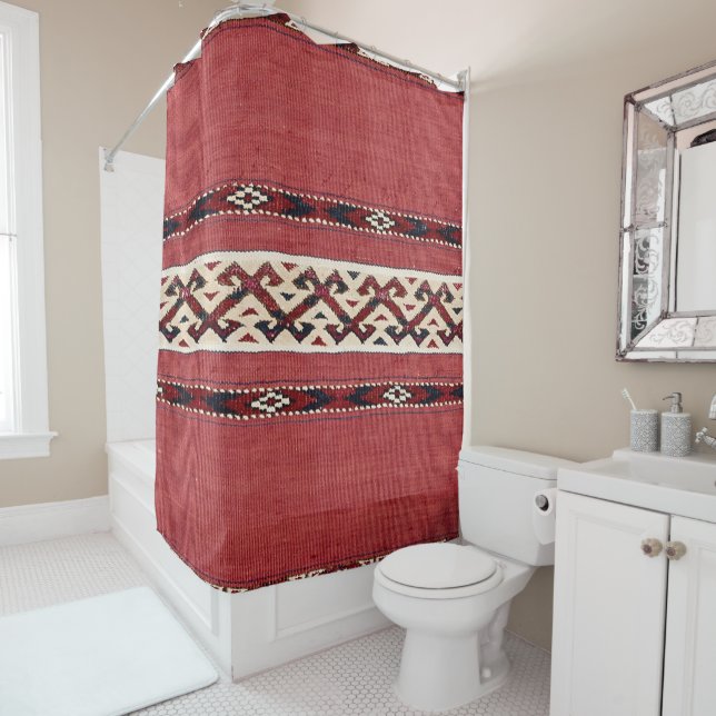 Triangle Stripe Kilim Red Black White  Shower Curtain (In Situ)