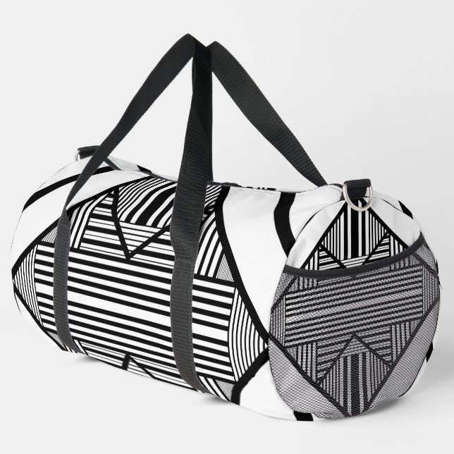 Triangle stripes 2 in Black and White Duffle Bag (Right Corner)