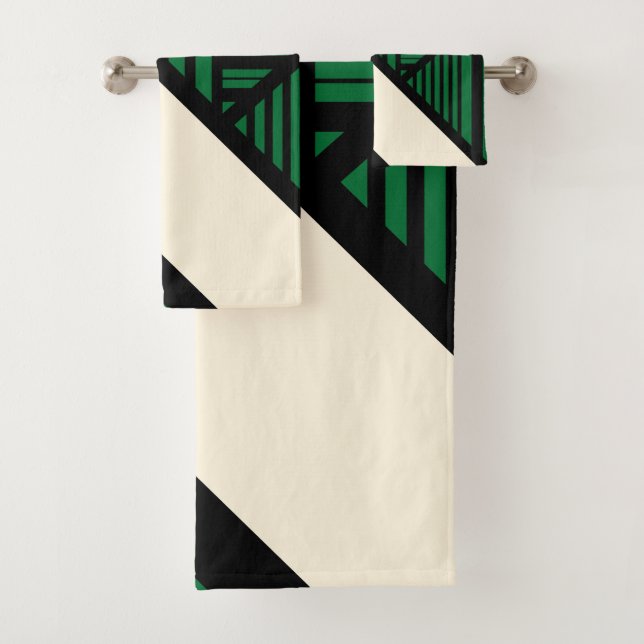 Triangle Stripes - Green, Cream and Black Bath Towel Set (Insitu)