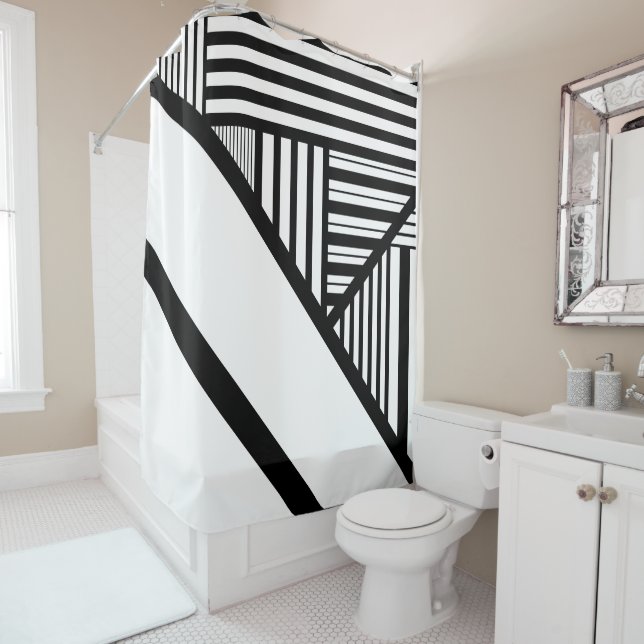 Triangle stripes in Black and White Shower Curtain (In Situ)