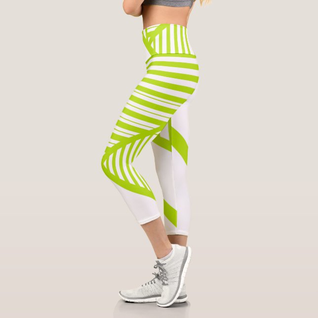 Triangle Stripes in Lime Green and White Capri Leggings (Left)