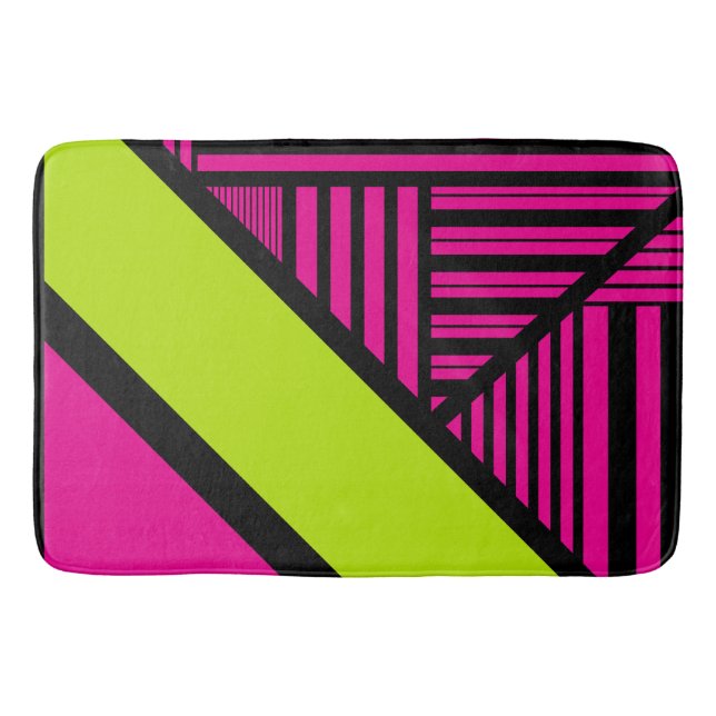 Triangle Stripes in Lime Green, Hot Pink and Black Bath Mat (Front)