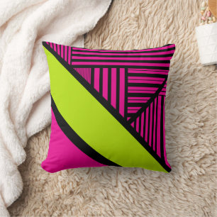 Triangle Stripes in Lime Green, Hot Pink and Black Cushion