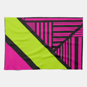 Triangle Stripes in Lime Green, Hot Pink and Black Tea Towel