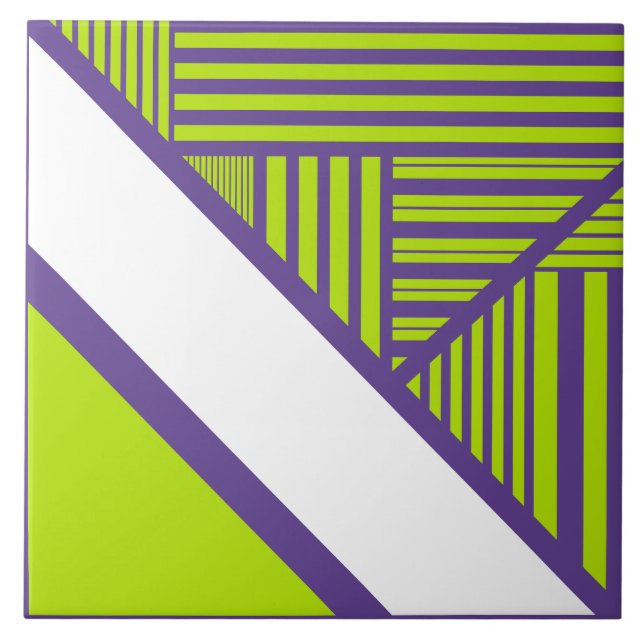 Triangle Stripes in Lime Green & Purple Ceramic Tile (Front)