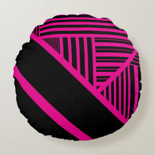 Triangle Stripes in Magenta and Black Round Cushion