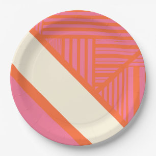 Triangle Stripes in Pink, Orange and Cream Paper Plate