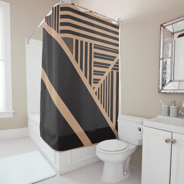 Triangle Stripes in Tan and Black Shower Curtain (In Situ)
