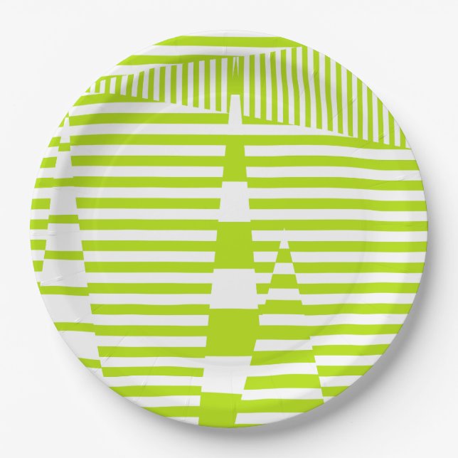 Triangle Stripes - Lime Green and White Paper Plate (Front)