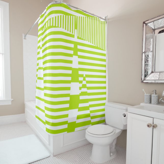 Triangle Stripes - Lime Green and White Shower Curtain (In Situ)