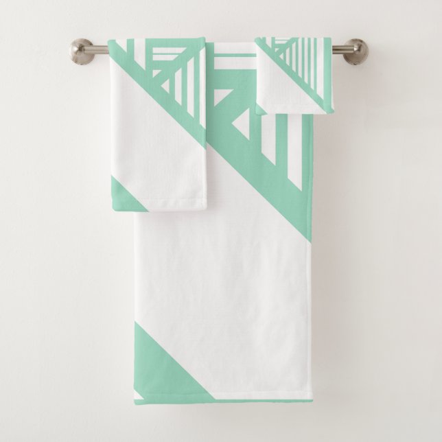 Triangle stripes - Mint Green and White Bath Towel Set (Insitu)