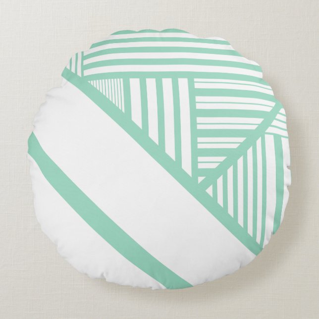 Triangle stripes - Mint Green and White Round Cushion (Front)