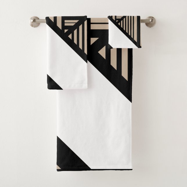 Triangle Stripes - Taupe, Black and White Bath Towel Set (Insitu)