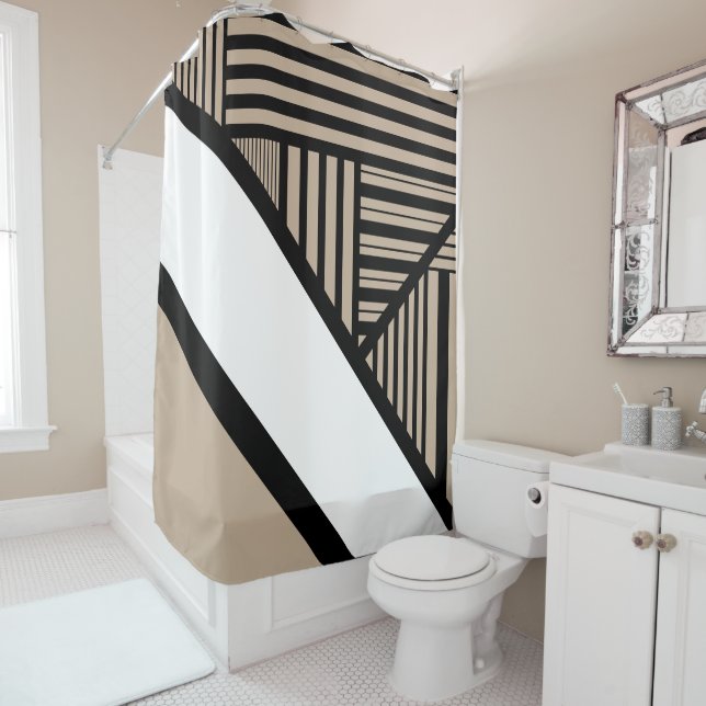 Triangle Stripes - Taupe, Black and White Shower Curtain (In Situ)