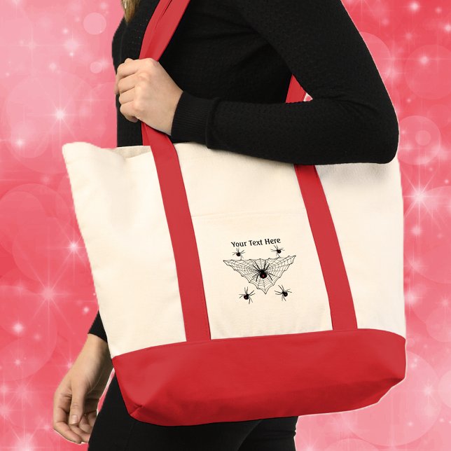 Triangle Web Red Marked Black Widow Spiders Tote Bag (Black widow spiders with classic red hourglass in black triangle shaped web on Halloween tote bag.)