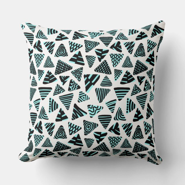 Triangles 240121 - Black and Ice Blue on White Cushion (Front)