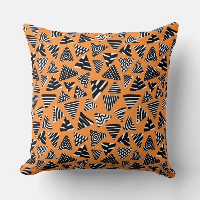 Triangles 240121 - Black and White on Orange Cushion (Front)