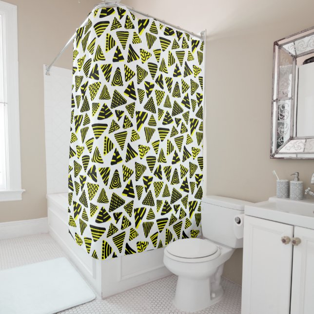 Triangles 240121 - Black and Yellow on White Shower Curtain (In Situ)
