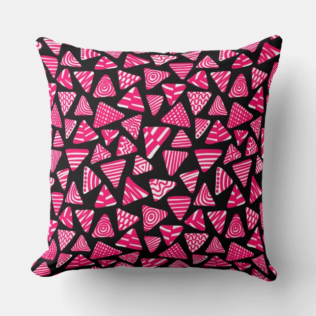 Triangles 240121 -  Neon Red and White on Black Cushion (Front)