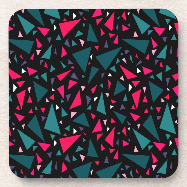 Triangles blue scarlet colours on black background coaster (Front)