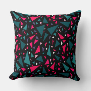 Triangles blue scarlet colours on black background cushion