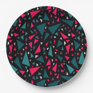 Triangles blue scarlet colours on black background paper plate