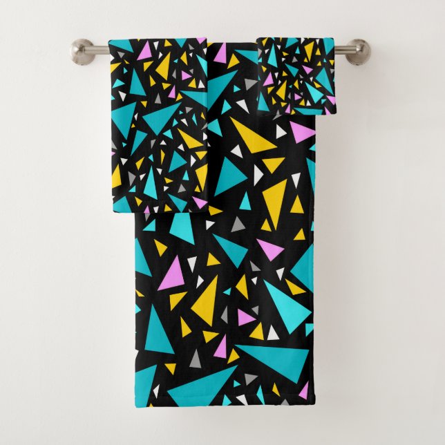 Triangles blue yellow colours on black background  bath towel set (Insitu)