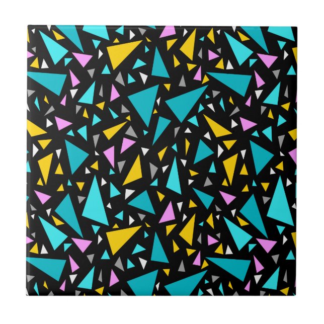 Triangles blue yellow colours on black background  ceramic tile (Front)