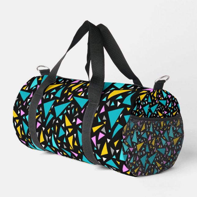 Triangles blue yellow colours on black background  duffle bag (Right Corner)
