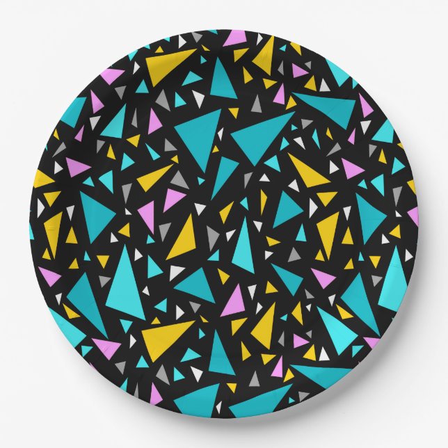 Triangles blue yellow colours on black background  paper plate (Front)