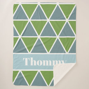Triangles in green and blue with name sherpa blanket