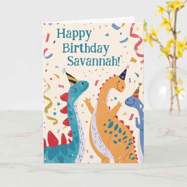 Triassic Trio Festive Dinosaur Birthday  Card (Yellow Flower)
