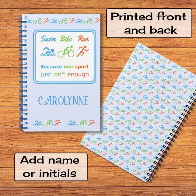 Triathlon pattern swim bike run sports slogan notebook (dimensions: 5.5" x 8.5")