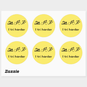 Triathlon pictograms and caption yellow classic round sticker