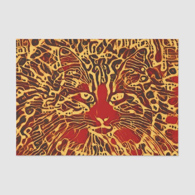 Tribal Abstract Tabby Cat Red Yellow Hippie Art Tissue Paper (Front)