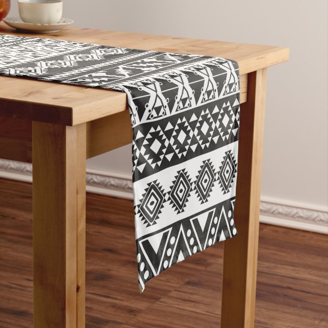 Tribal African Pattern Ethnic Black White Short Table Runner (In Situ)
