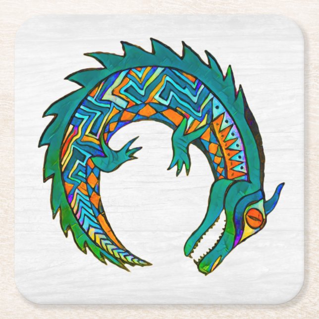 Tribal Alligator Art Square Paper Coaster (Front)