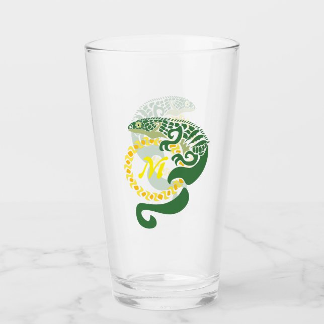 Tribal Alligator Lizard Hugging a Sun Monogram Glass (Front)