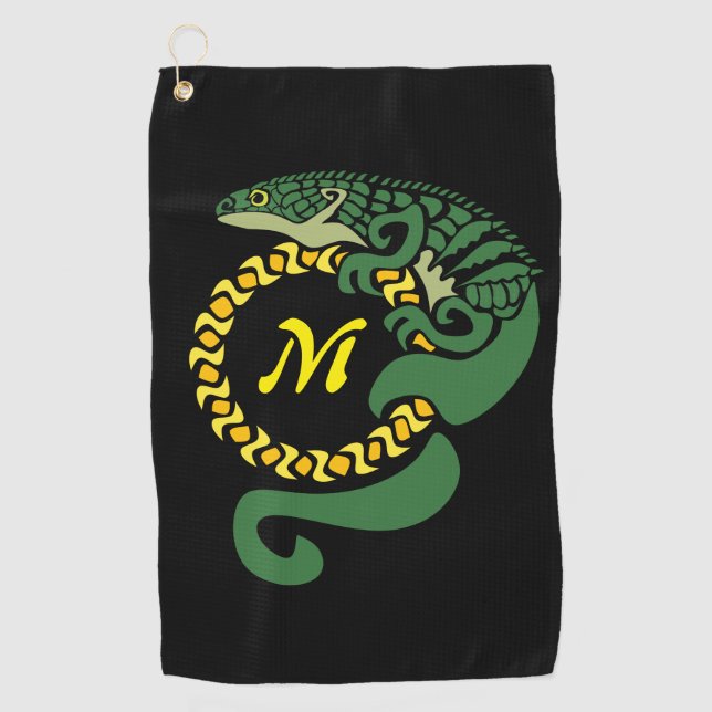 Tribal Alligator Lizard Hugging a Sun Monogram Golf Towel (Front)