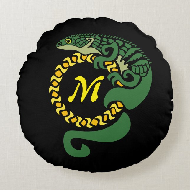 Tribal Alligator Lizard Hugging a Sun Monogram Round Cushion (Front)
