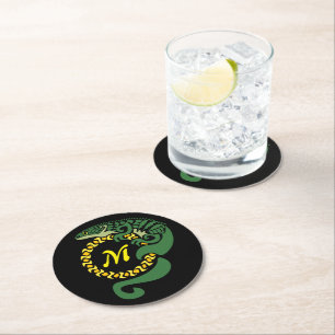 Tribal Alligator Lizard Hugging a Sun Monogram Round Paper Coaster