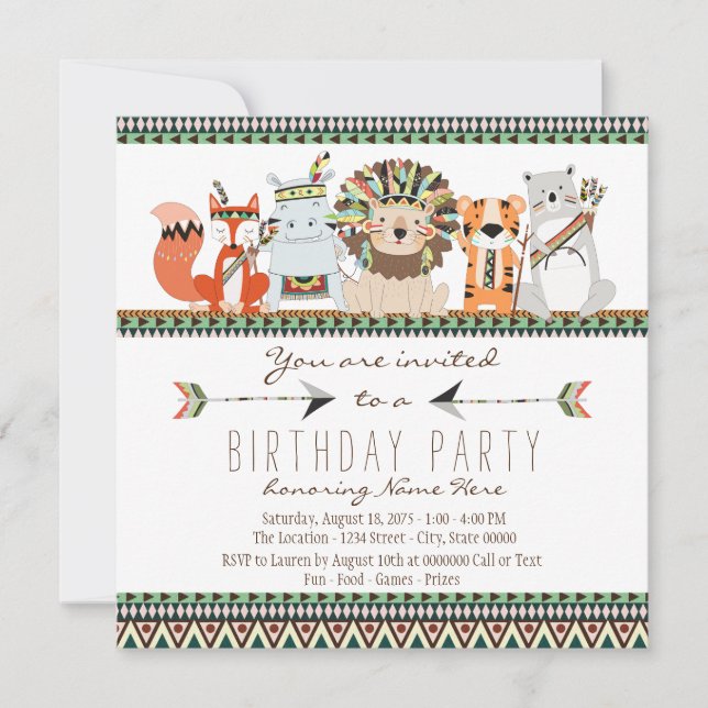 Tribal Animal Kids Indian Birthday Party Invitation (Front)