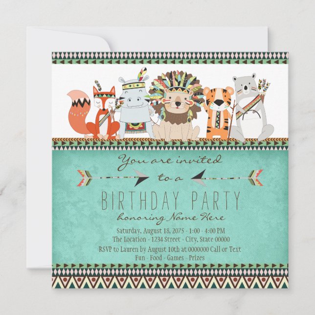 Tribal Animal Kids Native American Birthday Party Invitation (Front)
