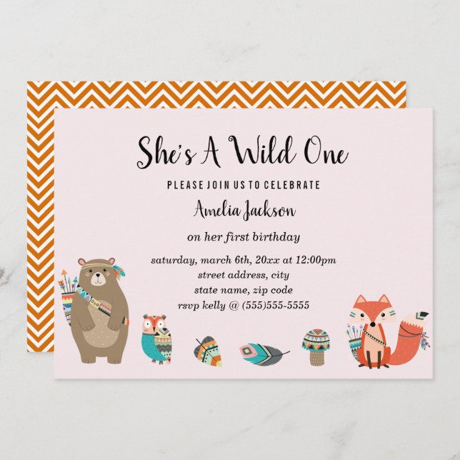 Tribal Animal She's A Wild One Birthday Invitation (Front/Back)