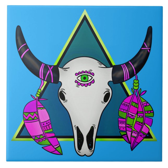 Tribal animal skull ceramic tile (Front)