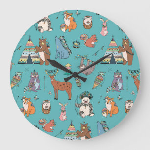 Tribal animals: woodland forest pattern. large clock