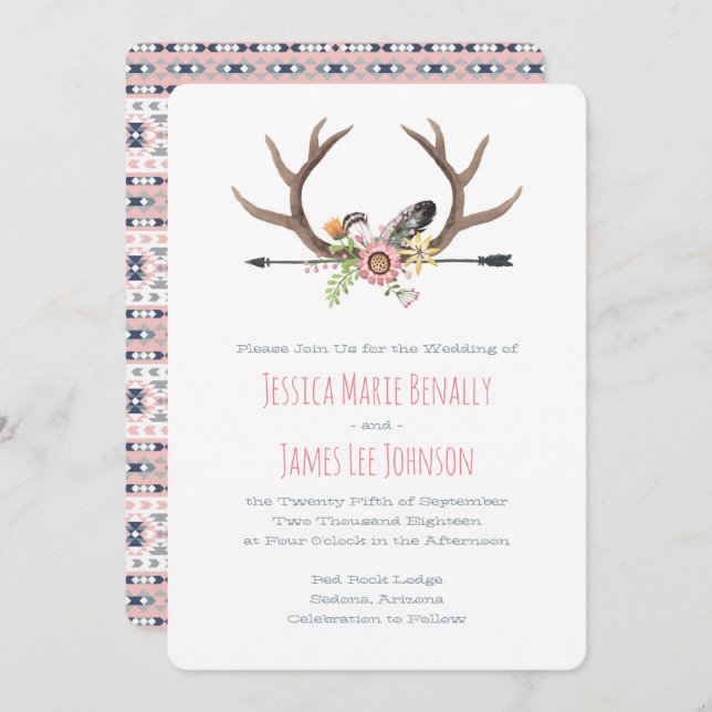 Tribal Arrow and Antlers Pink Invitation (Front/Back)