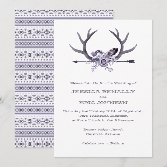 Tribal Arrow and Antlers Purple Invitation (Front/Back)