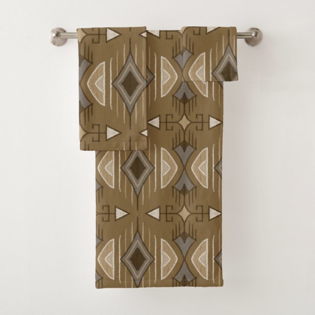 Tribal Arrows, Brown, Cream, Grey Bath Towel Set (Insitu)