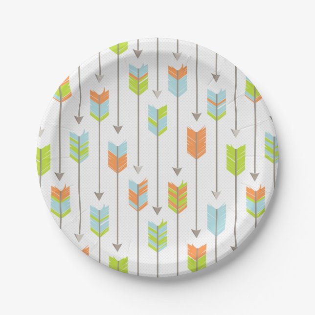 Tribal Arrows Pattern Blue Orange Green Grey Paper Plate (Front)